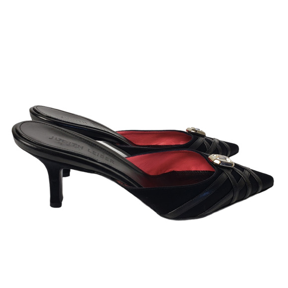 Judith Leiber Shoes - Judith Leiber 6.5 B Swarovski Jewel Satin Leather Point Toe Mules Black NEW